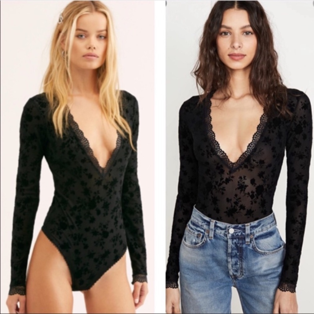Free People Black Floral Lace Deep V Bodysuit